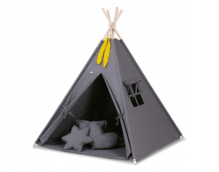 TIPI stan pre deti + karimatka + vankúšiky + prívesky z peria - antracit